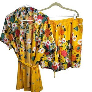 Floral Yellow Kimono Top and Shorts Set